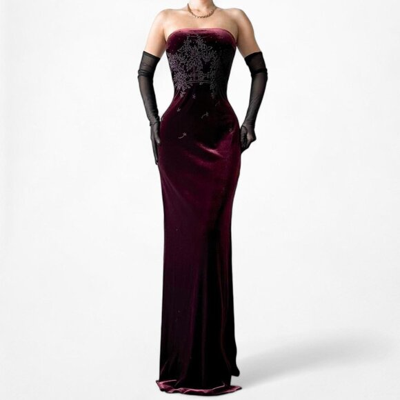 Vintage Burgundy Red Beaded Velvet Knit Maxi Bodycon Strapless Prom Dress Size S - Picture 3 of 7